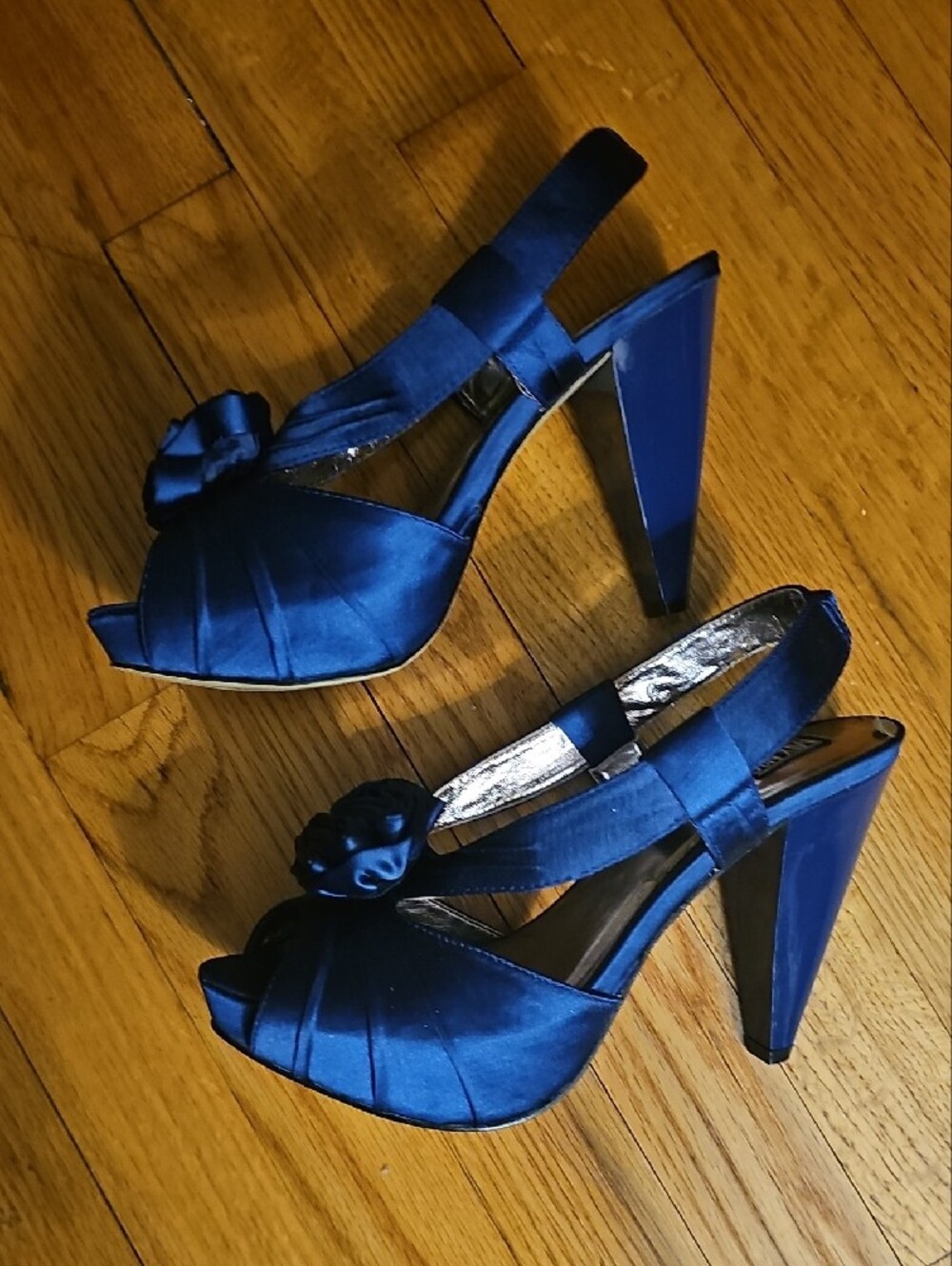 Vaneli Royal Blue Satin Peep-Toe Slingback Heels with Rosette